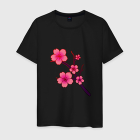 Мужская футболка хлопок с принтом Священная сакура , 100% хлопок | прямой крой, круглый вырез горловины, длина до линии бедер, слегка спущенное плечо. | бутон | ветка | лепестки | растение | розовая | сакура | самурай | священная | цветок | цветущая | цветы | япония