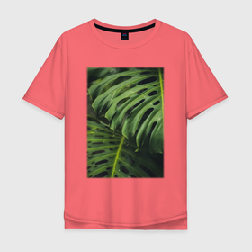 Мужская футболка хлопок Oversize с принтом Листья Монстера в Тюмени, 100% хлопок | свободный крой, круглый ворот, “спинка” длиннее передней части | Тематика изображения на принте: лес | природа | растение | тайга | флора | цветы