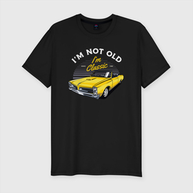 Мужская футболка хлопок Slim с принтом Желтый ретро автомобиль в Санкт-Петербурге, 92% хлопок, 8% лайкра | приталенный силуэт, круглый вырез ворота, длина до линии бедра, короткий рукав | авто | автомобиль | желтый авто | классика | ретро | ретро автомобиль