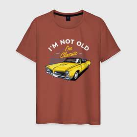 Мужская футболка хлопок с принтом Желтый ретро автомобиль в Тюмени, 100% хлопок | прямой крой, круглый вырез горловины, длина до линии бедер, слегка спущенное плечо. | Тематика изображения на принте: авто | автомобиль | желтый авто | классика | ретро | ретро автомобиль