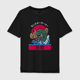 Мужская футболка хлопок Oversize с принтом Годзилла. Япония в Санкт-Петербурге, 100% хлопок | свободный крой, круглый ворот, “спинка” длиннее передней части | Тематика изображения на принте: dino | godzilla | годзилла | дино | китай | япония