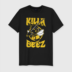 Мужская футболка хлопок Slim с принтом Killa BЕЕZ в Тюмени, 92% хлопок, 8% лайкра | приталенный силуэт, круглый вырез ворота, длина до линии бедра, короткий рукав | Тематика изображения на принте: bee | catana | killa beez | ninja | wu | wu tang | wu tang killa beez | ву | ву танг | катана | ниндзя | пчела
