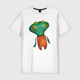 Мужская футболка хлопок Slim с принтом Зеленый головастик в Петрозаводске, 92% хлопок, 8% лайкра | приталенный силуэт, круглый вырез ворота, длина до линии бедра, короткий рукав | головастик | зеленый головастик | лягушка | лягушонок | человечек