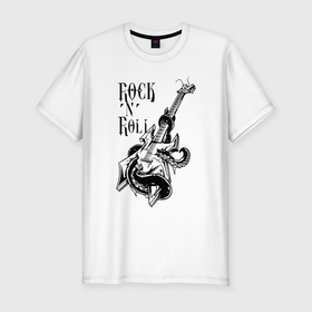 Мужская футболка хлопок Slim с принтом Guitar  Octopus   Rock n Roll в Санкт-Петербурге, 92% хлопок, 8% лайкра | приталенный силуэт, круглый вырез ворота, длина до линии бедра, короткий рукав | guitar | music | octopus | rock n roll | гитара | музыка | осьминог | рок н ролл