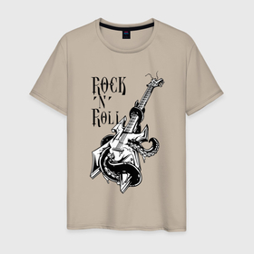 Мужская футболка хлопок с принтом Guitar  Octopus   Rock n Roll в Тюмени, 100% хлопок | прямой крой, круглый вырез горловины, длина до линии бедер, слегка спущенное плечо. | guitar | music | octopus | rock n roll | гитара | музыка | осьминог | рок н ролл