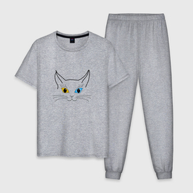 Мужская пижама хлопок с принтом кошка с разными глазами в Тюмени, 100% хлопок | брюки и футболка прямого кроя, без карманов, на брюках мягкая резинка на поясе и по низу штанин
 | art line | blue | cat | line | minimalism | red | silhouette | арт лайн | кот | кошка | линия | минимализм | рыжий | силуэт