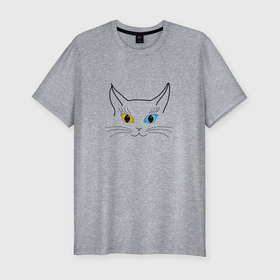 Мужская футболка хлопок Slim с принтом кошка с разными глазами в Новосибирске, 92% хлопок, 8% лайкра | приталенный силуэт, круглый вырез ворота, длина до линии бедра, короткий рукав | art line | blue | cat | line | minimalism | red | silhouette | арт лайн | кот | кошка | линия | минимализм | рыжий | силуэт