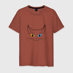 Мужская футболка хлопок с принтом кошка с разными глазами в Санкт-Петербурге, 100% хлопок | прямой крой, круглый вырез горловины, длина до линии бедер, слегка спущенное плечо. | art line | blue | cat | line | minimalism | red | silhouette | арт лайн | кот | кошка | линия | минимализм | рыжий | силуэт