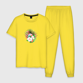 Мужская пижама хлопок с принтом RETRO HAWAII   ретровейв Гаваи в Новосибирске, 100% хлопок | брюки и футболка прямого кроя, без карманов, на брюках мягкая резинка на поясе и по низу штанин
 | Тематика изображения на принте: flamingo | flowers | hawaii | palm | retrowave | summer | sun | гаваи | лето | море | пальмы | ретровейв | солнце