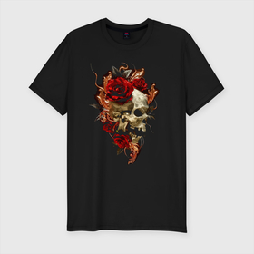 Мужская футболка хлопок Slim с принтом Skull  Roses в Санкт-Петербурге, 92% хлопок, 8% лайкра | приталенный силуэт, круглый вырез ворота, длина до линии бедра, короткий рукав | flower | jaw | rose | skull | пасть | роза | цветок | череп