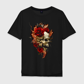 Мужская футболка хлопок Oversize с принтом Skull  Roses в Белгороде, 100% хлопок | свободный крой, круглый ворот, “спинка” длиннее передней части | Тематика изображения на принте: flower | jaw | rose | skull | пасть | роза | цветок | череп