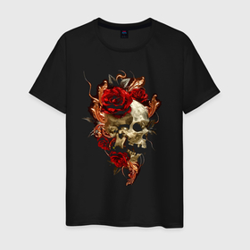 Мужская футболка хлопок с принтом Skull  Roses в Белгороде, 100% хлопок | прямой крой, круглый вырез горловины, длина до линии бедер, слегка спущенное плечо. | flower | jaw | rose | skull | пасть | роза | цветок | череп