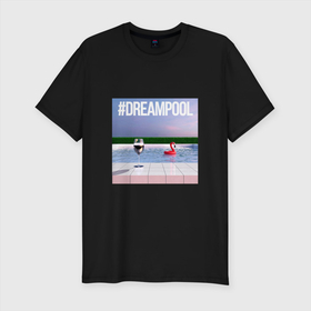 Мужская футболка хлопок Slim с принтом Dream Pool в Курске, 92% хлопок, 8% лайкра | приталенный силуэт, круглый вырез ворота, длина до линии бедра, короткий рукав | dream | dreampool | flamingo | pool | retrowave | swim | бассейн | ретровейв | фламинго