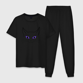 Мужская пижама хлопок с принтом кошка с фиалковыми глазами в Тюмени, 100% хлопок | брюки и футболка прямого кроя, без карманов, на брюках мягкая резинка на поясе и по низу штанин
 | art line | cat | line | minimalism | silhouette | арт лайн | кот | кошка | линия | минимализм | силуэт