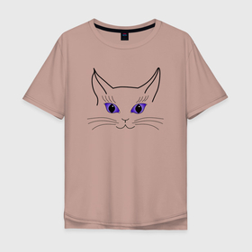 Мужская футболка хлопок Oversize с принтом кошка с фиалковыми глазами в Белгороде, 100% хлопок | свободный крой, круглый ворот, “спинка” длиннее передней части | art line | cat | line | minimalism | silhouette | арт лайн | кот | кошка | линия | минимализм | силуэт