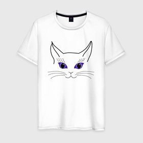 Мужская футболка хлопок с принтом кошка с фиалковыми глазами в Тюмени, 100% хлопок | прямой крой, круглый вырез горловины, длина до линии бедер, слегка спущенное плечо. | art line | cat | line | minimalism | silhouette | арт лайн | кот | кошка | линия | минимализм | силуэт