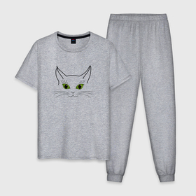 Мужская пижама хлопок с принтом Зеленые кошачьи глаза в Екатеринбурге, 100% хлопок | брюки и футболка прямого кроя, без карманов, на брюках мягкая резинка на поясе и по низу штанин
 | art line | cat | green | line | minimalism | silhouette | арт лайн | зеленый | кот | кошка | линия | минимализм | силуэт