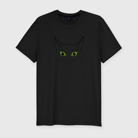 Мужская футболка хлопок Slim с принтом Зеленые кошачьи глаза в Санкт-Петербурге, 92% хлопок, 8% лайкра | приталенный силуэт, круглый вырез ворота, длина до линии бедра, короткий рукав | art line | cat | green | line | minimalism | silhouette | арт лайн | зеленый | кот | кошка | линия | минимализм | силуэт