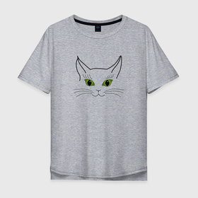 Мужская футболка хлопок Oversize с принтом Зеленые кошачьи глаза в Екатеринбурге, 100% хлопок | свободный крой, круглый ворот, “спинка” длиннее передней части | art line | cat | green | line | minimalism | silhouette | арт лайн | зеленый | кот | кошка | линия | минимализм | силуэт