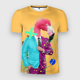 Мужская футболка 3D Slim с принтом Деловой фламинго в Санкт-Петербурге, 100% полиэстер с улучшенными характеристиками | приталенный силуэт, круглая горловина, широкие плечи, сужается к линии бедра | абстракция | деловой | коллаж | птица | стиль | сюрреализм | фламинго