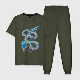 Мужская пижама хлопок с принтом Кристальный дракон в Петрозаводске, 100% хлопок | брюки и футболка прямого кроя, без карманов, на брюках мягкая резинка на поясе и по низу штанин
 | Тематика изображения на принте: арт | большой змей | дракон | китайский дракон | кристалл | рисунок