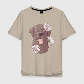 Мужская футболка хлопок Oversize с принтом Собачка с ромашкой , 100% хлопок | свободный крой, круглый ворот, “спинка” длиннее передней части | милая | пес | ромашка | собака | собачка | цветочек