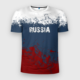 Мужская футболка 3D Slim с принтом Россия   краски в Белгороде, 100% полиэстер с улучшенными характеристиками | приталенный силуэт, круглая горловина, широкие плечи, сужается к линии бедра | краски | надпись | патриот | патриотизм | россия | руский | русская | сборная | спорт | фанат | фанаты | флаг
