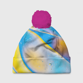Шапка 3D c помпоном с принтом Градиент | Жёлто Голубая Абстракция в Тюмени, 100% полиэстер | универсальный размер, печать по всей поверхности изделия | градиент | лазурный | радуга | хайп | цветной | шмот