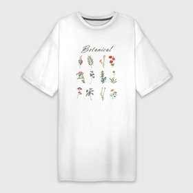 Платье-футболка хлопок с принтом Botanical разные растения ботаника ,  |  | ботаника | ботанический | весенний | весна | для девушек | для девушки | для женщин | для женщины | летний | лето | люблю растения | люблю цветы | растение | растения | растительный | с цветами | сад