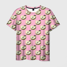 Мужская футболка 3D с принтом Яблочные дольки на розовом фоне с эффектом 3D в Санкт-Петербурге, 100% полиэфир | прямой крой, круглый вырез горловины, длина до линии бедер | абстракция | геометрическая сетка | долька | зеленый | кусочек | паттерн | полная запечатка | розовый | свежесть | фрукт | фруктовый | яблоко | яблочный