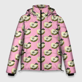 Мужская зимняя куртка 3D с принтом Яблочные дольки на розовом фоне с эффектом 3D в Новосибирске, верх — 100% полиэстер; подкладка — 100% полиэстер; утеплитель — 100% полиэстер | длина ниже бедра, свободный силуэт Оверсайз. Есть воротник-стойка, отстегивающийся капюшон и ветрозащитная планка. 

Боковые карманы с листочкой на кнопках и внутренний карман на молнии. | абстракция | геометрическая сетка | долька | зеленый | кусочек | паттерн | полная запечатка | розовый | свежесть | фрукт | фруктовый | яблоко | яблочный