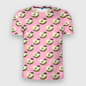 Мужская футболка 3D Slim с принтом Яблочные дольки на розовом фоне с эффектом 3D в Екатеринбурге, 100% полиэстер с улучшенными характеристиками | приталенный силуэт, круглая горловина, широкие плечи, сужается к линии бедра | Тематика изображения на принте: абстракция | геометрическая сетка | долька | зеленый | кусочек | паттерн | полная запечатка | розовый | свежесть | фрукт | фруктовый | яблоко | яблочный
