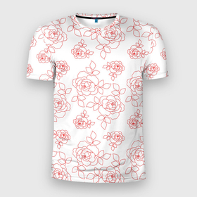 Мужская футболка 3D Slim с принтом Красные розы (паттерн) в Екатеринбурге, 100% полиэстер с улучшенными характеристиками | приталенный силуэт, круглая горловина, широкие плечи, сужается к линии бедра | Тематика изображения на принте: ботаника | красный | красота | мило | паттерн | природа | растения | роза | цветы
