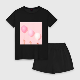Женская пижама с шортиками хлопок с принтом Розовые шарики в Тюмени, 100% хлопок | футболка прямого кроя, шорты свободные с широкой мягкой резинкой | воздушные шарики | воздушные шары | гармония | день рождения | женское | легкость | милое | минимализм | нежность | нежный дизайн | праздник | розовые шарики | розовые шары | розовый | шарики | шары