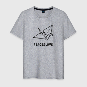 Мужская футболка хлопок с принтом Мир и любовь, журавлик в Кировске, 100% хлопок | прямой крой, круглый вырез горловины, длина до линии бедер, слегка спущенное плечо. | peace and love | журавль | любовь | мир | мир и любовь | оригами | птица