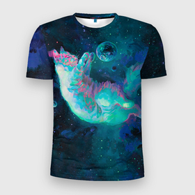 Мужская футболка 3D Slim с принтом Котенок в космосе , 100% полиэстер с улучшенными характеристиками | приталенный силуэт, круглая горловина, широкие плечи, сужается к линии бедра | cat | space | вселенная | космос | кот | планета