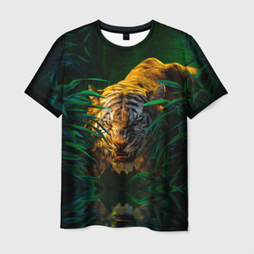 Мужская футболка 3D с принтом Крадущийся тигр в джунглях в Белгороде, 100% полиэфир | прямой крой, круглый вырез горловины, длина до линии бедер | Тематика изображения на принте: tiger | вода | голова | джунгли | оскал | рычит | тигр