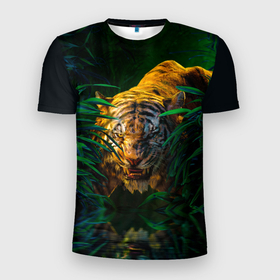 Мужская футболка 3D Slim с принтом Крадущийся тигр в джунглях в Белгороде, 100% полиэстер с улучшенными характеристиками | приталенный силуэт, круглая горловина, широкие плечи, сужается к линии бедра | tiger | вода | голова | джунгли | оскал | рычит | тигр