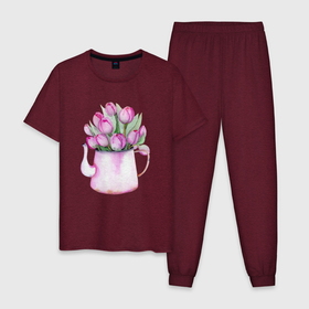 Мужская пижама хлопок с принтом Букет тюльпанов в вазе в Новосибирске, 100% хлопок | брюки и футболка прямого кроя, без карманов, на брюках мягкая резинка на поясе и по низу штанин
 | Тематика изображения на принте: fashion | flowers | pink | spring | watercolor | акварель | акварельные цветы | букет | бутоны | ваза | весенние цветы | весна | девушке | лепестки | нарисованные цветы | нежные цветы | подарок | рисунок акварелью