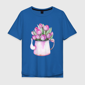Мужская футболка хлопок Oversize с принтом Букет тюльпанов в вазе в Белгороде, 100% хлопок | свободный крой, круглый ворот, “спинка” длиннее передней части | fashion | flowers | pink | spring | watercolor | акварель | акварельные цветы | букет | бутоны | ваза | весенние цветы | весна | девушке | лепестки | нарисованные цветы | нежные цветы | подарок | рисунок акварелью