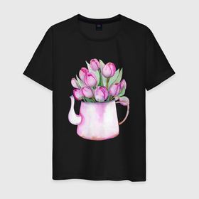 Мужская футболка хлопок с принтом Букет тюльпанов в вазе в Екатеринбурге, 100% хлопок | прямой крой, круглый вырез горловины, длина до линии бедер, слегка спущенное плечо. | Тематика изображения на принте: fashion | flowers | pink | spring | watercolor | акварель | акварельные цветы | букет | бутоны | ваза | весенние цветы | весна | девушке | лепестки | нарисованные цветы | нежные цветы | подарок | рисунок акварелью