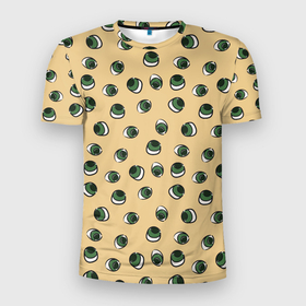 Мужская футболка 3D Slim с принтом Глаза, паттерн в Екатеринбурге, 100% полиэстер с улучшенными характеристиками | приталенный силуэт, круглая горловина, широкие плечи, сужается к линии бедра | бежевый фон | глаза | дудл | зеленые | паттерн | узор