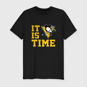 Мужская футболка хлопок Slim с принтом It is Pittsburgh Penguins Time в Екатеринбурге, 92% хлопок, 8% лайкра | приталенный силуэт, круглый вырез ворота, длина до линии бедра, короткий рукав | hockey | nhl | penguins | pittsburg | pittsburgh | pittsburgh penguins | usa | нхл | пингвинз | питтсбург | питтсбург пингвинз | спорт | сша | хоккей | шайба