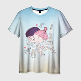 Мужская футболка 3D с принтом Selfie Paris , 100% полиэфир | прямой крой, круглый вырез горловины, длина до линии бедер | Тематика изображения на принте: арт | башня | влюбленные | графика | любовь | пара | париж | сэлфи