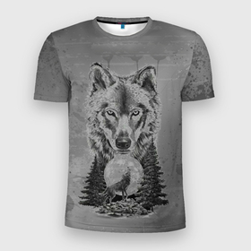 Мужская футболка 3D Slim с принтом Волк в лесу в Екатеринбурге, 100% полиэстер с улучшенными характеристиками | приталенный силуэт, круглая горловина, широкие плечи, сужается к линии бедра | арт | волки | графика | животные | звери | лес | луна