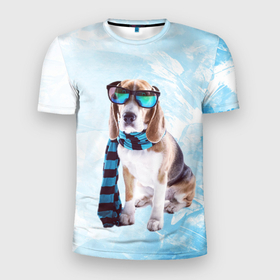 Мужская футболка 3D Slim с принтом Стильный щен в Кировске, 100% полиэстер с улучшенными характеристиками | приталенный силуэт, круглая горловина, широкие плечи, сужается к линии бедра | Тематика изображения на принте: арт | графика | животные | звери | очки | собака
