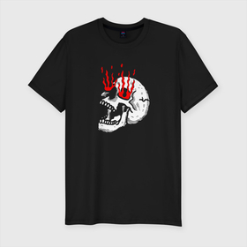 Мужская футболка хлопок Slim с принтом Flame  Skull в Новосибирске, 92% хлопок, 8% лайкра | приталенный силуэт, круглый вырез ворота, длина до линии бедра, короткий рукав | fire | flame | hype | jaw | skull | teeth | зубы | огонь | пасть | пламя | хайп | череп