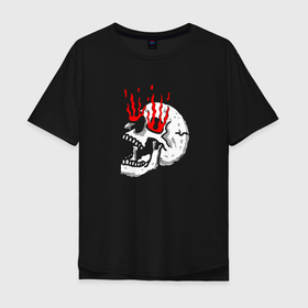 Мужская футболка хлопок Oversize с принтом Flame  Skull в Санкт-Петербурге, 100% хлопок | свободный крой, круглый ворот, “спинка” длиннее передней части | fire | flame | hype | jaw | skull | teeth | зубы | огонь | пасть | пламя | хайп | череп