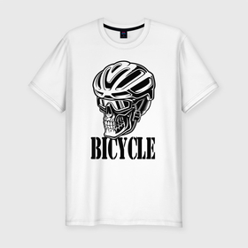 Мужская футболка хлопок Slim с принтом Bicycle   Skull в Новосибирске, 92% хлопок, 8% лайкра | приталенный силуэт, круглый вырез ворота, длина до линии бедра, короткий рукав | Тематика изображения на принте: helmet | jaw | skull | teeth | зубы | пасть | череп | шлем