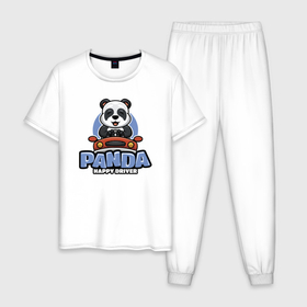 Мужская пижама хлопок с принтом Panda   Happy driver , 100% хлопок | брюки и футболка прямого кроя, без карманов, на брюках мягкая резинка на поясе и по низу штанин
 | car | driver | panda | smile | автомобиль | водитель | панда | улыбка